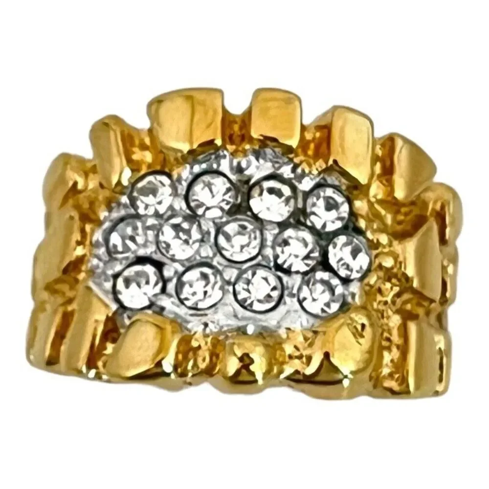 Vintage 1970s Nugget Ring Crystal Accents 14K Gold Plate Mens Size 9 - 5J